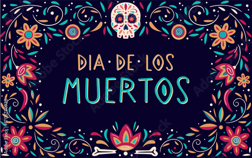 Dia de Los Muertos floral poster design. Mexican Day of the Dead sign on dark background. Vector colorful template with decorated skull, marigold, and stylised flowers.
