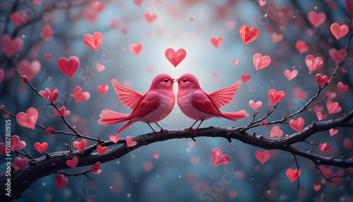 Pink love birds with wings open on heart filled branch, Valentine’s Day romance