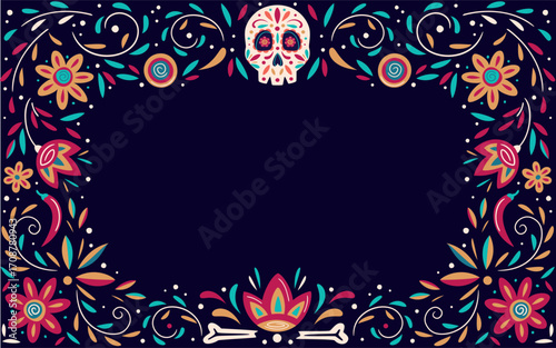 Traditional Mexican floral poster design for Day of the Dead. Vector colorful template background with garland of marigolds and other stylised flowers.