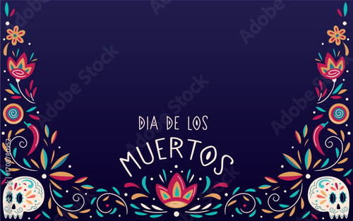 Dia de Los Muertos floral poster design. Mexican Day of the Dead inscription on dark background. Vector colorful template with decorated skull, stylised marigold and other flowers