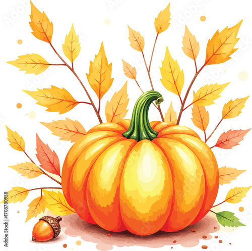 Vibrant watercolor painting of a plump orange pumpkin with autumn leaves and a small acorn