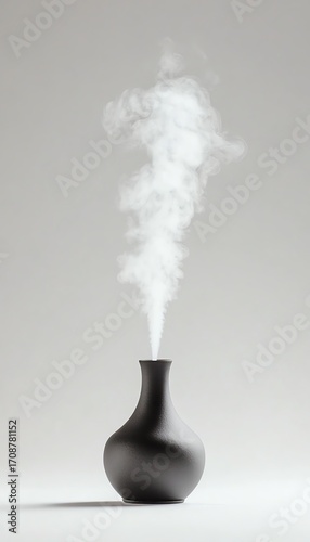 Minimalist black diffuser emitting gentle white steam against clean, light background, evoking tranquility and calm.