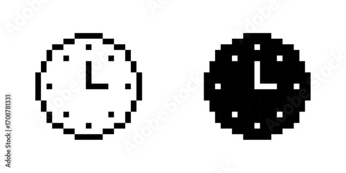 Clock icons, pixel style, time symbol, vector illustration, Pixel art, Vector illustration.