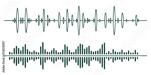 Two distinct dark green sound wave and equalizer graphics on a white background audio, music, sound, signal, frequency, amplitude, digital, technology vector illustration. 