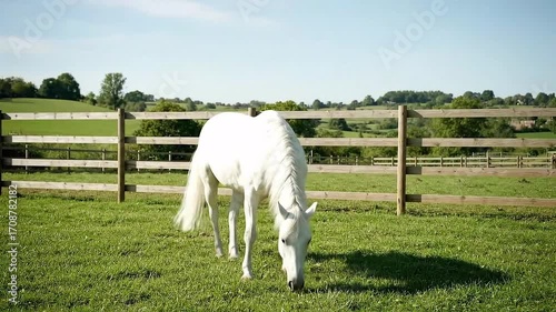 A majestic white horse walks and grazes peacefully in a sunny countryside pasture. Beautiful, elegant farm animal in a lush green field on a perfect summer day.

