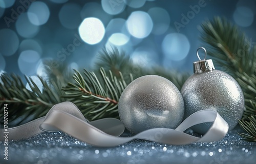 Festive Silver Ornaments and Ribbon on a Sparkling Table With a Green Pine Br...