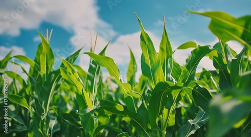Bright Green Corn Plants Growing Under a Blue Sky With Fluffy Clouds