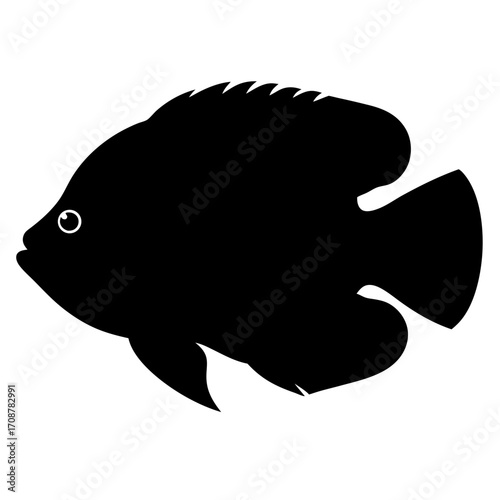 A simple silhouette of a fish with large fins and sharp edges