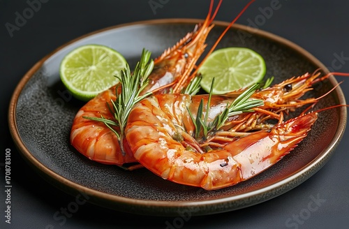 Grilled Shrimp Served With Fresh Lime and Rosemary on a Black Plate