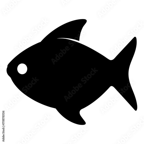 Simple black fish silhouette with fins and eye, against a white background