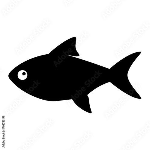 Simple black and white silhouette of a fish swimming to the right