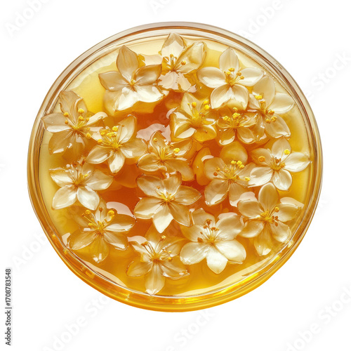 Delicate White Flowers Floating in Honey Syrup in a Round Dish, Evoking Sweetness and Natural Beauty on transparent background