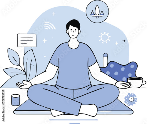 Flat Isometric Yoga Meditation with Person Sitting in Lotus Pose Illustration
