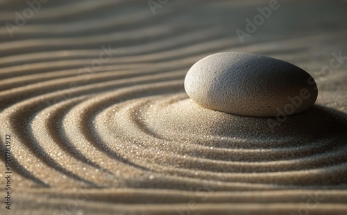 Stone Placed on Softly Raked Sand Creates Calming Patterns in Tranquil Setting