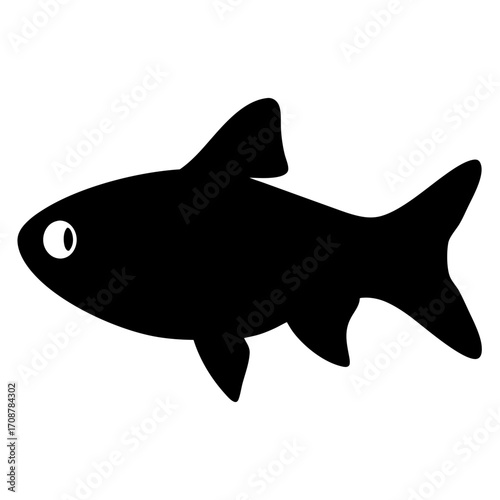 Black silhouette of a stylized fish with big eye on white background