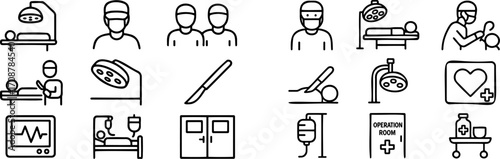 Collection of surgical and medical icons representing various healthcare activities in a hospital setting