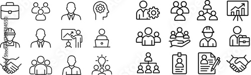 Business icons depicting teamwork, management, and professional growth in a modern workspace setting
