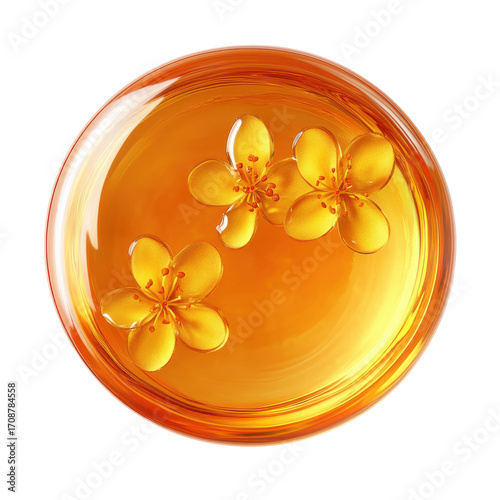 Golden Honey with Delicate Yellow Flowers in a Bowl, Illuminating Warmth and Natural Beauty on transparent background