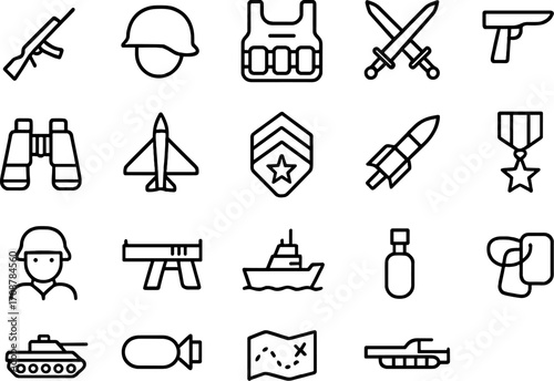 Military symbols and equipment icons in black and white illustration showcasing various components of armed forces