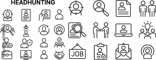 Headhunting symbols representing recruitment processes and job searching activities in a simple, clean design