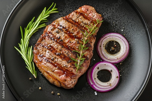Grilled Steak Served With Fresh Herbs and Onion Slices on a Black Plate