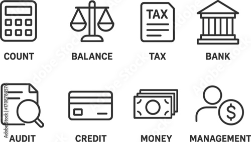 Financial management tools including calculator, scales, tax forms, bank symbols, and credit cards for efficient budgeting