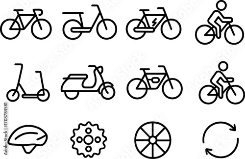 Various types of bicycles and scooters displayed in a simple, modern design on a white background