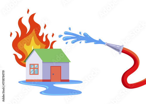 extinguish a burning house with a fire hose. flat illustration.
