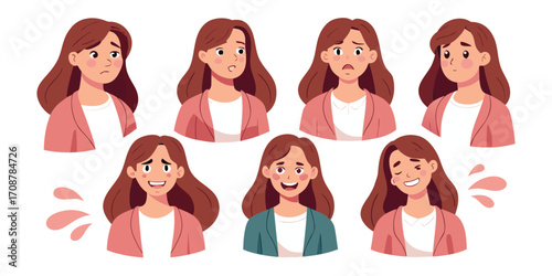 Woman's Face Showing Seven Different Emotional Expressions on White Background emotions