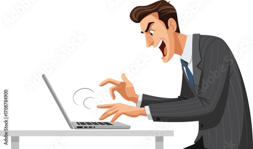 Angry businessman yelling at laptop, frustrated office worker, technology problem, stress at work, computer issue, digital workplace pressure.