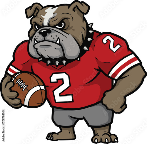 Angry bulldog football mascot, cartoon dog athlete illustration, tough sports character, red jersey number 2, vector team logo design.