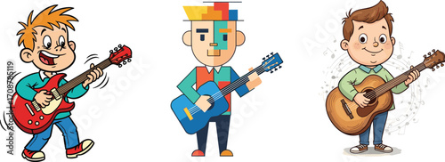 Cartoon boys playing guitar, electric and acoustic guitar musicians, music character illustration, funny guitarist, student performance, band practice, stage show