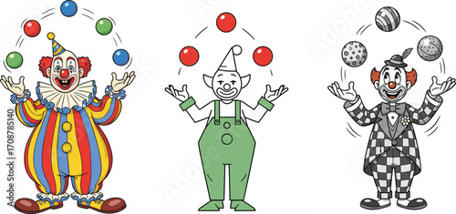 Cartoon clown characters, juggling balls, circus performance, funny clown costume, comedy act, comic entertainer, carnival show, happy clown illustration, playful