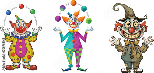 Cartoon clown characters, juggling balls, funny circus clown, colorful costume, comedy entertainer, comic carnival show, happy clown, stage performer illustration