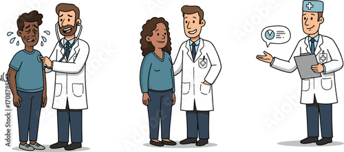 Cartoon doctor with patients, medical checkup illustration, healthcare professional artwork, hospital consultation vector, physician with clipboard, healthcare support comic drawing