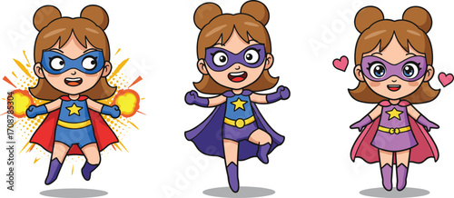 Cartoon girl superhero, cute female hero character, children fantasy illustration, superhero costume design, powerful little hero, kids comic art style