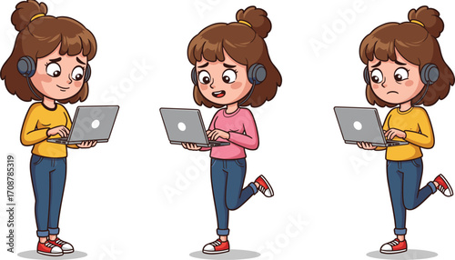 Cartoon girl using laptop, young woman with headset, working online, studying remote, freelancer illustration, character design, technology, communication, internet