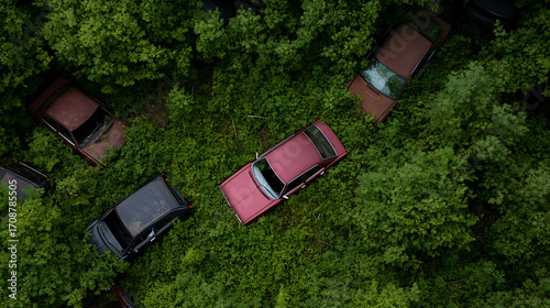 Abandoned automobiles rest amid lush greenery in a junkyard. Nature reclaims forgotten machines, showcasing time's passage and entropy's beauty.