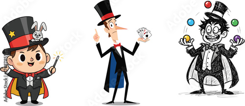 Cartoon magician characters, funny illusionist, magic tricks, rabbit in hat, card trick, juggling balls, comic sorcerer, stage performer illustration