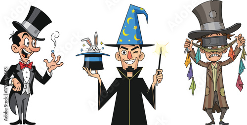 Cartoon magicians characters, funny wizard, magic hat, rabbit trick, illusionist show, top hat performer, comic conjurer, fantasy sorcerer illustration