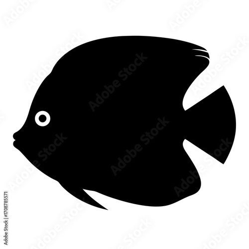Simple black silhouette of an angelfish swimming in ocean water depths