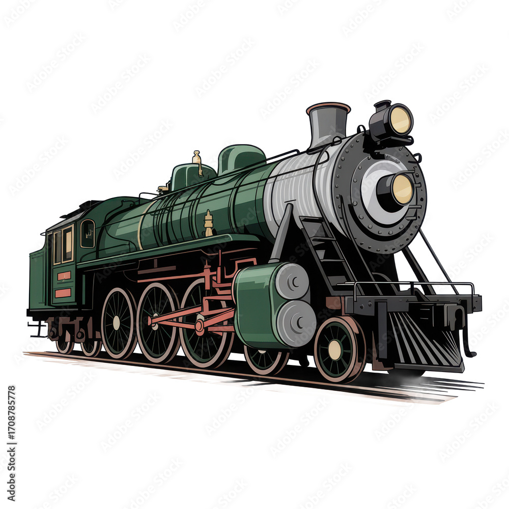 Naklejka premium Detailed illustration of a classic vintage steam locomotive with intricate machinery and wheels isolated on transparent background