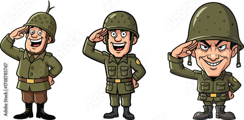 Cartoon soldiers saluting, military character illustration, army salute cartoon, funny soldier artwork, comic style army, soldier uniform design, vector army salute, military drawing
