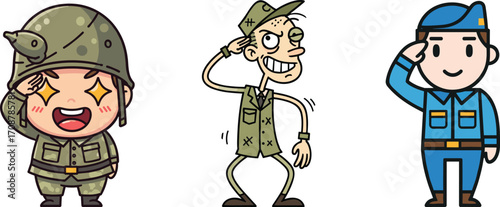 Cartoon soldiers saluting, military characters illustration, army salute artwork, funny soldier cartoon, military uniform design, army characters, comic style salute, vector artwork