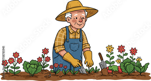 Elderly man gardening in flower bed, senior farmer in straw hat planting vegetables and flowers, outdoor hobby, healthy lifestyle scene.