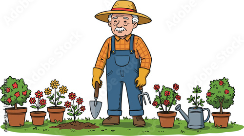 Elderly man gardening with potted plants, senior gardener wearing straw hat holding gardening tools, outdoor flower garden, green hobby lifestyle.