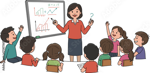Female teacher explaining chart, children raising hands, classroom learning, kids study group, school education concept, whiteboard, vector cartoon