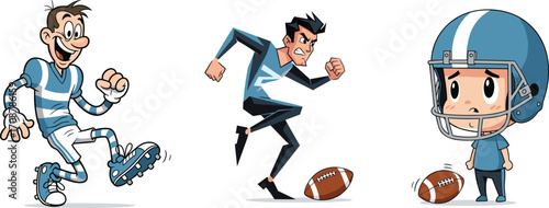 Funny cartoon American football characters, kids and adults playing football, sports athletes in action, vector illustration for game designs