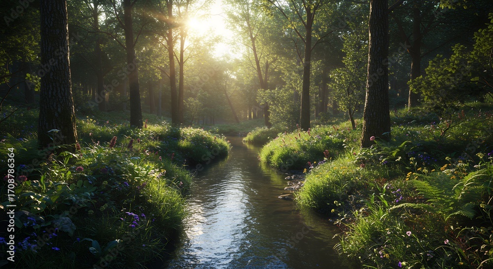 Obraz premium Forest stream sunlight
