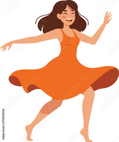 Happy woman dancing barefoot in flowing orange dress, joyful movement, carefree expression, energetic female, summer fashion, isolated white background.